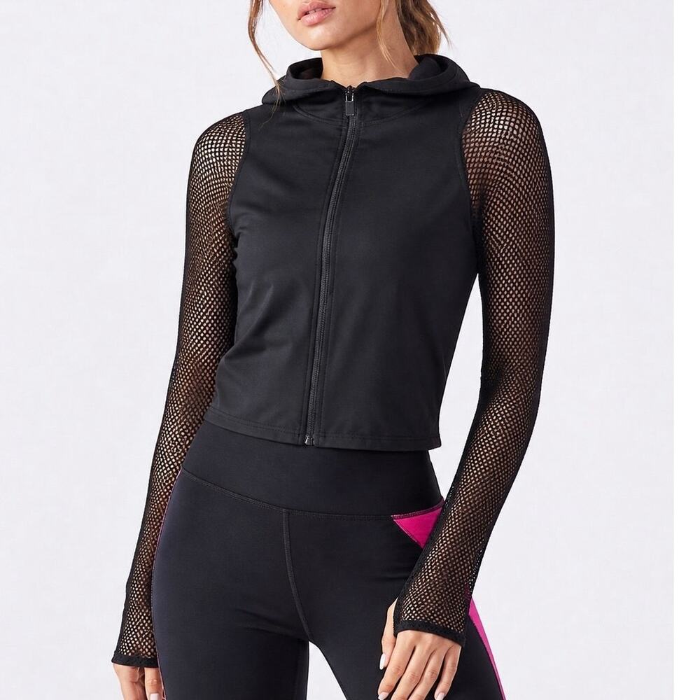 Fabletics Demi Lovato Bella Black Mesh Sheer Sleeve Cropped Jacket Activewear
